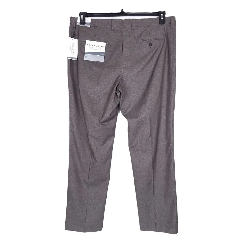 Perry Ellis Mens Slim Fit Dress Pants 38x30 Major Brown Solid Stretch Twill NWT